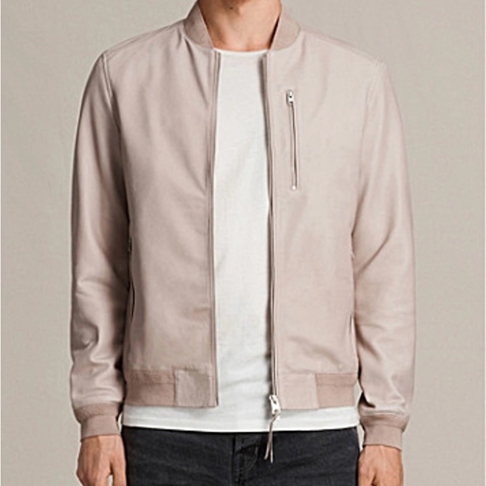 AllSaints “Miko” Light Gray Leather Bomber Jacket S (Diesel, Coach, Zara)